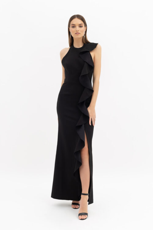 REBECCA VALLANCE-Ruffled crepe halterneck gown